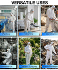 Three Pack X Large Disposable Hazmat Paint Suits With Hood And Elastic Wrists For Heavy Duty Workwear shown in various uses