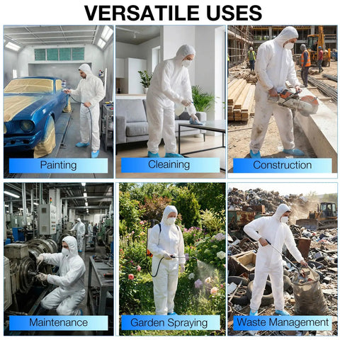 Three Pack X Large Disposable Hazmat Paint Suits With Hood And Elastic Wrists For Heavy Duty Workwear shown in various uses