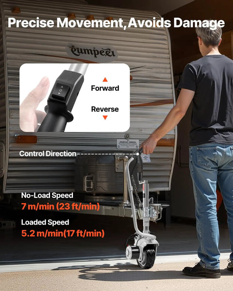 VEVOR Electric Trailer Dolly 5500 Lb Towing Capacity 380W Copper Motorized Jockey Wheel in use for precise movement.