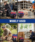 Collage showing Bucket Tool Organizer with 51 pockets in various settings: mechanic shop, construction site, gardening, plumbing task.
