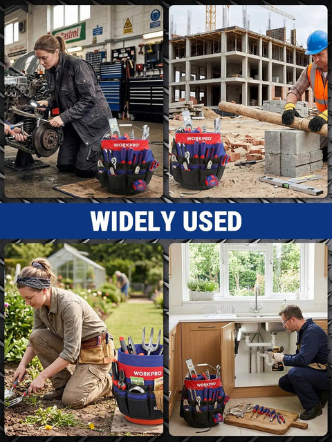 Collage showing Bucket Tool Organizer with 51 pockets in various settings: mechanic shop, construction site, gardening, plumbing task.