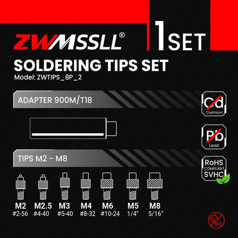 Eight Piece Soldering and Heat Set Tip Kit for Thread Inserts in 3D Printed Parts With M2 to M10 and Inch Sizes shown on packaging