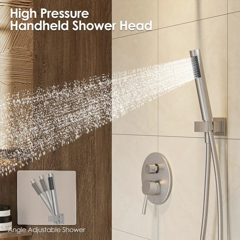 Premium Brushed Nickel Wall Mount Shower System With A Streamlined 10 Inch Rain Head And Banger High Pressure Handheld Spray For Epic Bathroom Glow Ups