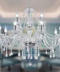 Shimmering 15 Light K9 Crystal Chandelier In Silver, Modern Glass Pendant For Dining Room And Living Spaces with 7 visible lights