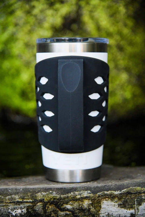 Protective Silicone Tumbler Sleeve with Handle for 20 oz Stainless Steel Vacuum Insulated Mug, black grip outdoors