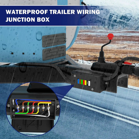 7 Way Trailer Junction Box Weatherproof Wiring Connector Kit With 7 Color Coded Wires in use on a trailer
