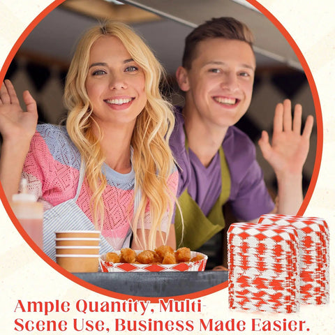 Bulk 300 Piece 6 Inch Disposable Paper Hot Dog Trays Featuring A Red Diamond Grid Layout Grease Resistant Serving Plates For Backyard Cookouts And Weekend Kickbacks with smiling vendors.