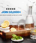 Glass Water Filter Pitcher Delivers Crisp, Clean Water In Seconds, 1.3L Capacity on wooden tray with lemons and glasses