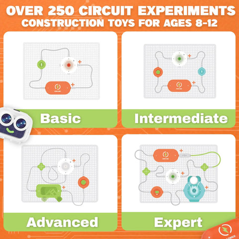 Hands On Electronics Kit For Kids Aged Five To Seven With Sixteen Circuit Parts And Over Four Hundred Forty Projects Including Infrared Sensor Module Hand Crank Generator RGB Light Module And Flying Saucer Accessories STEM Toys Curious Young Minds, four circuit levels shown