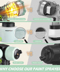 Comparison of Heavy Duty 1000W HVLP Paint Sprayer features, showcasing 1400ml removable cup and brass vs plastic nozzles.