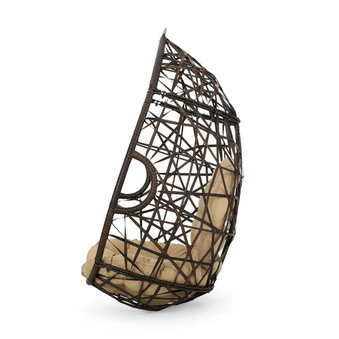 Side view of Indoor Outdoor Teardrop Wicker Hanging Chair For Patio And Deck, Multi Brown Tan Teardrop Basket Swing, Stand Not Included
