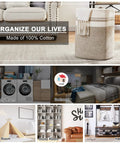 Collage featuring All In One Cotton Rope Laundry Hamper And Storage Basket With Handles Collapsible Go To Organizer in home settings