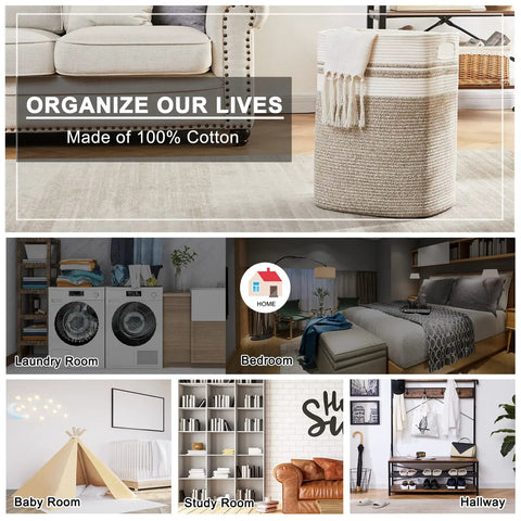 Collage featuring All In One Cotton Rope Laundry Hamper And Storage Basket With Handles Collapsible Go To Organizer in home settings