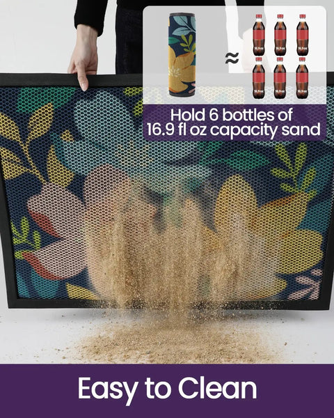 Colorful Floral Front Door Mat 17x30 being lifted to show sand capacity, illustrating easy cleaning and dirt trapping capability