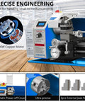 9 Inch Benchtop Metal Lathe With 1100W Variable Speed Motor, precision details, showing motor and controls, ideal for DIY metalworking projects.