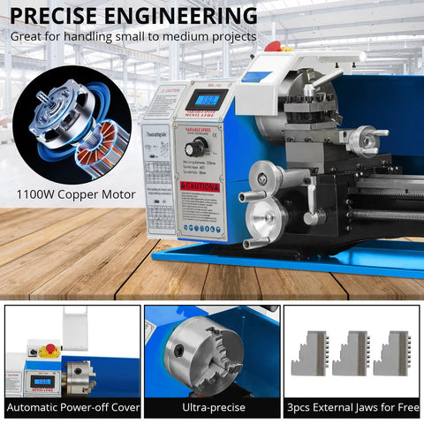 9 Inch Benchtop Metal Lathe With 1100W Variable Speed Motor, precision details, showing motor and controls, ideal for DIY metalworking projects.