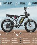 Side view of Beast 1500W Peak Electric Bike For Adults With Fat Tires 52V 20Ah, with labeled dimensions and specs.