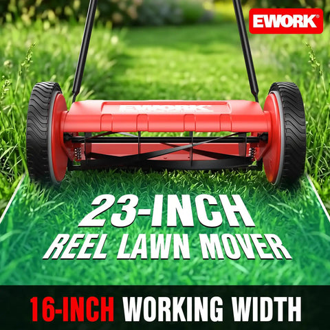 Push Reel Lawn Mower With 23 Inch Cutting Width And 5 Blade Cutting System For Quiet No Gas Lawn Care On Regularly Mowed Lawns With Soft Grass Under 2 To 4 Inches Easy To Maneuver And Low Maintenance, 16-inch working width