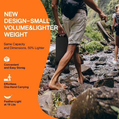 Man carrying lightweight portable box over rocky stream, showcasing new design with small volume and lighter weight for easy transport.