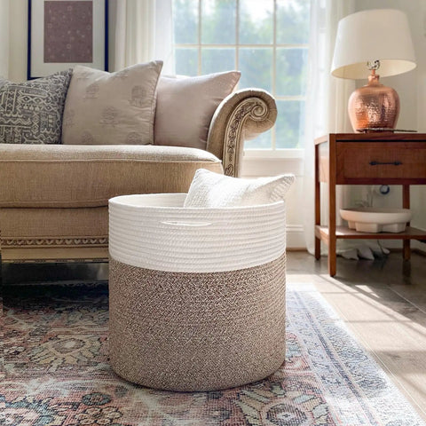 Cozy Cotton Rope Blanket Basket With Built In Handles, 15.8 X 15.8 X 13.8 Inches in a cozy living room setting