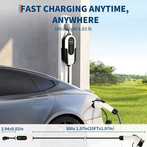 Plug And Play Level Two Ev Charger With Forty Amp Output And Built In Wifi, Includes A Nema 14 50 Adapter Plus Twenty Five Foot Cord For Hassle Free Charging Anytime You Are On The Move, installed on wall with vehicle charging.