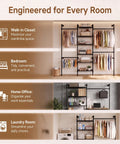 Heavy Duty Wall Mounted Industrial Pipe Closet Rack Featuring Six Generous Shelves And Two Sturdy Bars Built Different To Save Space And Expand Easily In Deep Black, organized for various rooms.
