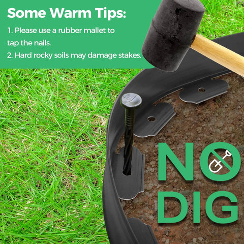 Close-up of Easy Install Landscape Edging Border Kit With 75 Stakes 50 Ft Flexible Black Plastic Border For Garden Beds Lawn Paver Pathway No Digging Required Durable Edging That Keeps Edges Clean And Neat with rubber mallet.