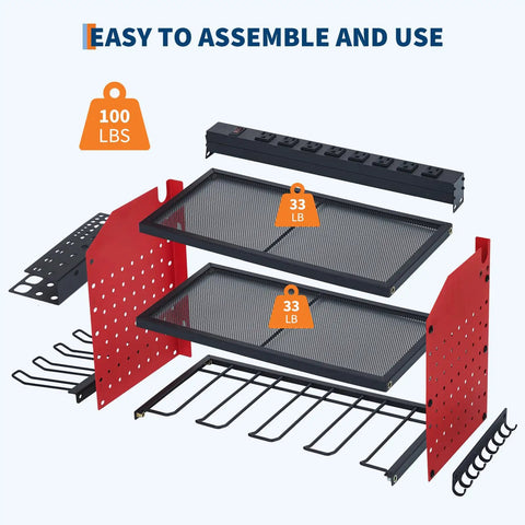 Exploded view of Heavy Duty Tool Organizer Wall Mount With Charging Station For Garage Three Layer Storage Rack components.