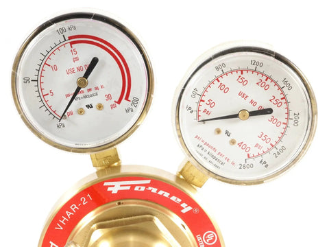 Heavy Duty Acetylene Regulator 87101, Victor Style With Forged Brass Bodies, Dual Scale Gauges With Durable Lenses, Close-up View