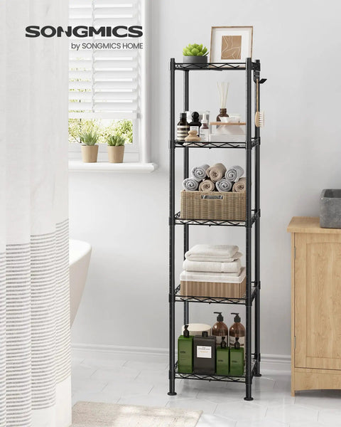 Tiny Bathroom Game Changer Five Tier Storage Rack Super Compact Organizer Hella Sturdy Powder Coated Steel Build Slim Floor Stand For Quick Easy Decluttering And Smart Small Space Living Solutions Right Away