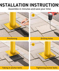Installation instructions for Rock Solid 2 Pack Carbon Steel Security Bollards, showing positioning, drilling, and anchoring steps.