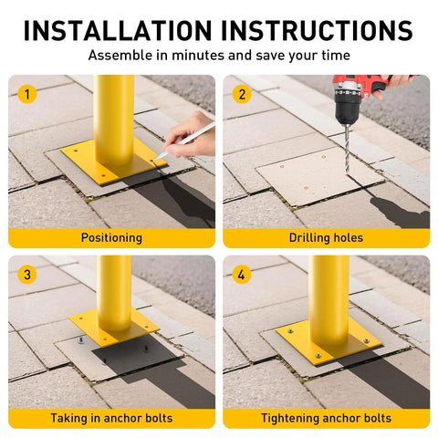 Installation instructions for Rock Solid 2 Pack Carbon Steel Security Bollards, showing positioning, drilling, and anchoring steps.