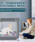 Ultra Safe Big Baby Playpen For Babies And Toddlers Indoor Outdoor Gate with baby playing inside, breathable mesh sides, grey color.