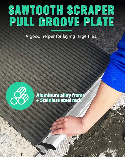 Hands using 24 Inch Tile Trowel With 2x5 Inch Square Notches For Large Tile Flooring And Tiling Masonry Hand Trowel Durable Aluminum Frame Stainless Steel Notched Spreader DIY Friendly For Concrete Adhesive And Plaster Projects on tile surface.