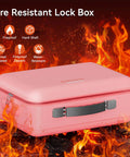 Heavy Duty Fireproof Document Safe Box With Lock Portable Hard Shell Water Resistant File Safe For Important Docs Passports Laptops And More In Pink Today shown in a fire-resistant setting.