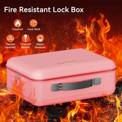 Heavy Duty Fireproof Document Safe Box With Lock Portable Hard Shell Water Resistant File Safe For Important Docs Passports Laptops And More In Pink Today shown in a fire-resistant setting.