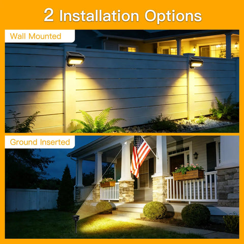 Lit Robot Style Solar Garden Lights 4 Pack with wall-mounted and ground-inserted options illuminating pathways and fences.