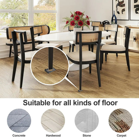 Dining room with tables and chairs using 20 Pack Anti Slip Furniture Leveling Pads Shims for Tables Chairs Cabinets on hardwood floor.
