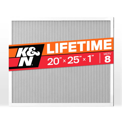 Front view of a washable 20x25x1 MERV 8 HVAC furnace air filter with Lifetime label on the packaging
