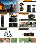 Front collage of survival kit: 250pcs gear including flashlight, compass, whistle, paracord bracelet, tent lantern.