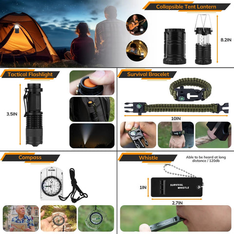 Front collage of survival kit: 250pcs gear including flashlight, compass, whistle, paracord bracelet, tent lantern.