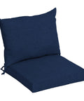 Outdoor Dining Chair Cushion Set 21 By 21 Inches In Sapphire Blue Rainproof And Fade Resistant Includes One Back Pillow And One Seat Bottom Eco Friendly PFAS Free C0 Treatment With Recycled Polyfill And Polyester Fill Fits Most Chairs shown from side view.