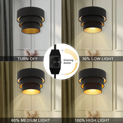 Plug In Pendant Light With Fabric Shade Three Tier Layered Hanging Lamp showing dimmable settings from off to 100% light