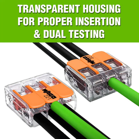 221 Series 90-Piece Compact Splice Wire Connector Set with see-through levers, showcasing dual testing feature