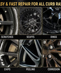Various stages of damage on black wheels including scratches, scuffs, dings, chips, peeling, and corrosion, suitable for Wheel Touch Up Paint Kit For Black Rims And Scratches 1.5 Fl Oz Universal Enamel Repair Pen For Curb Rash And Scrapes Quick Dry High Coverage Black Wheel Paint To Restore Gloss Hide Scrapes And Keep Your Wheels Looking Fresh.