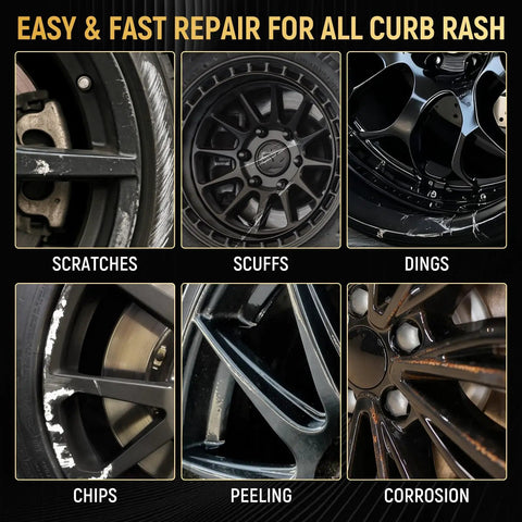 Various stages of damage on black wheels including scratches, scuffs, dings, chips, peeling, and corrosion, suitable for Wheel Touch Up Paint Kit For Black Rims And Scratches 1.5 Fl Oz Universal Enamel Repair Pen For Curb Rash And Scrapes Quick Dry High Coverage Black Wheel Paint To Restore Gloss Hide Scrapes And Keep Your Wheels Looking Fresh.