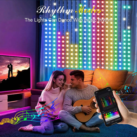 Lit Smart Curtain Lights 400 LED 6.6ft By 6.6ft Fairy String Lights With App Control and Remote in living room with music sync