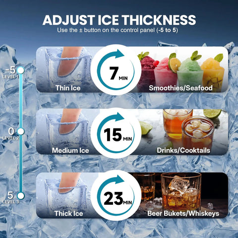 Adjustable ice thickness settings displayed for Top Shelf Commercial Ice Maker Delivers A Solid 120 Lbs Daily Output With 33 Lbs Storage Plus Built In Water Filter Making It A Total Game Changer For Home Bars And Weekend Hangouts That Need Ice Fast.