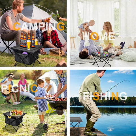 Ultralight Foldable Camping Side Table with Aluminum Build in use for camping, picnics, home, and fishing.