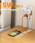 Compact 7 In 1 Wall Outlet Extender Converts One Socket To Four AC Outlets And Three USB Charging Ports Making Your Home Desk A Hella Smooth Charging Setup With Zero Sweat Ever Needed with USB-C cable charging smartphone.